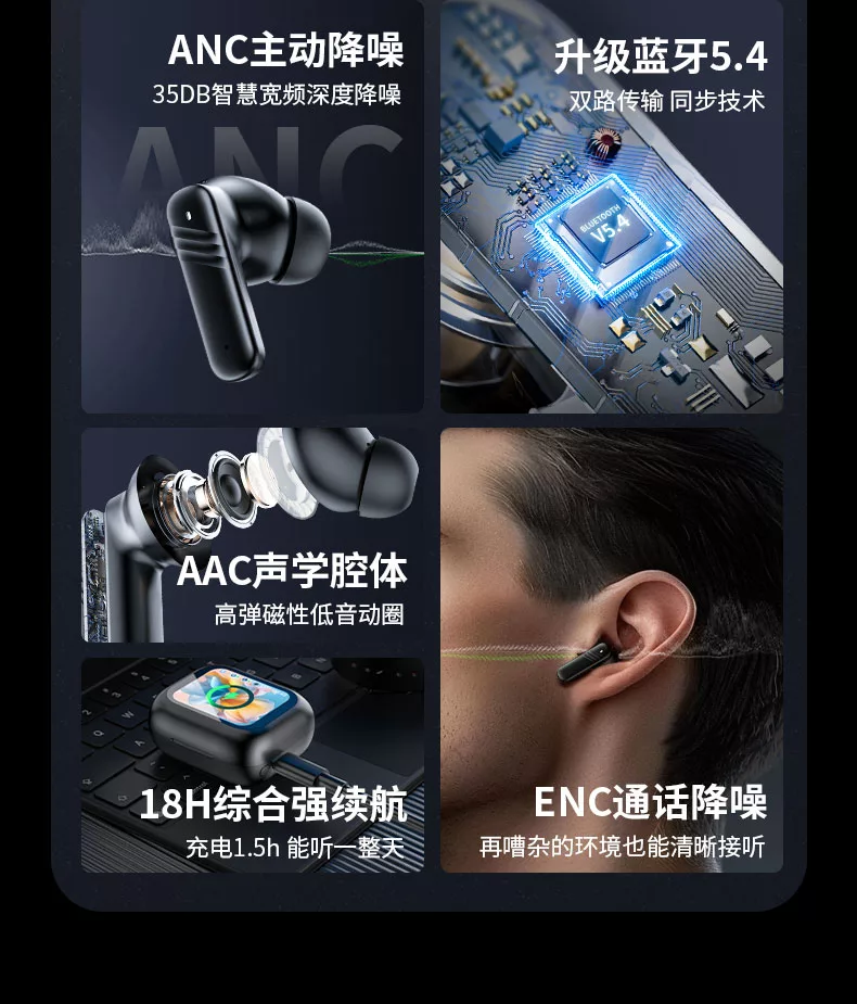 Conyai蓝牙耳机运动屏显主动降噪长续航高音质多功能耳机